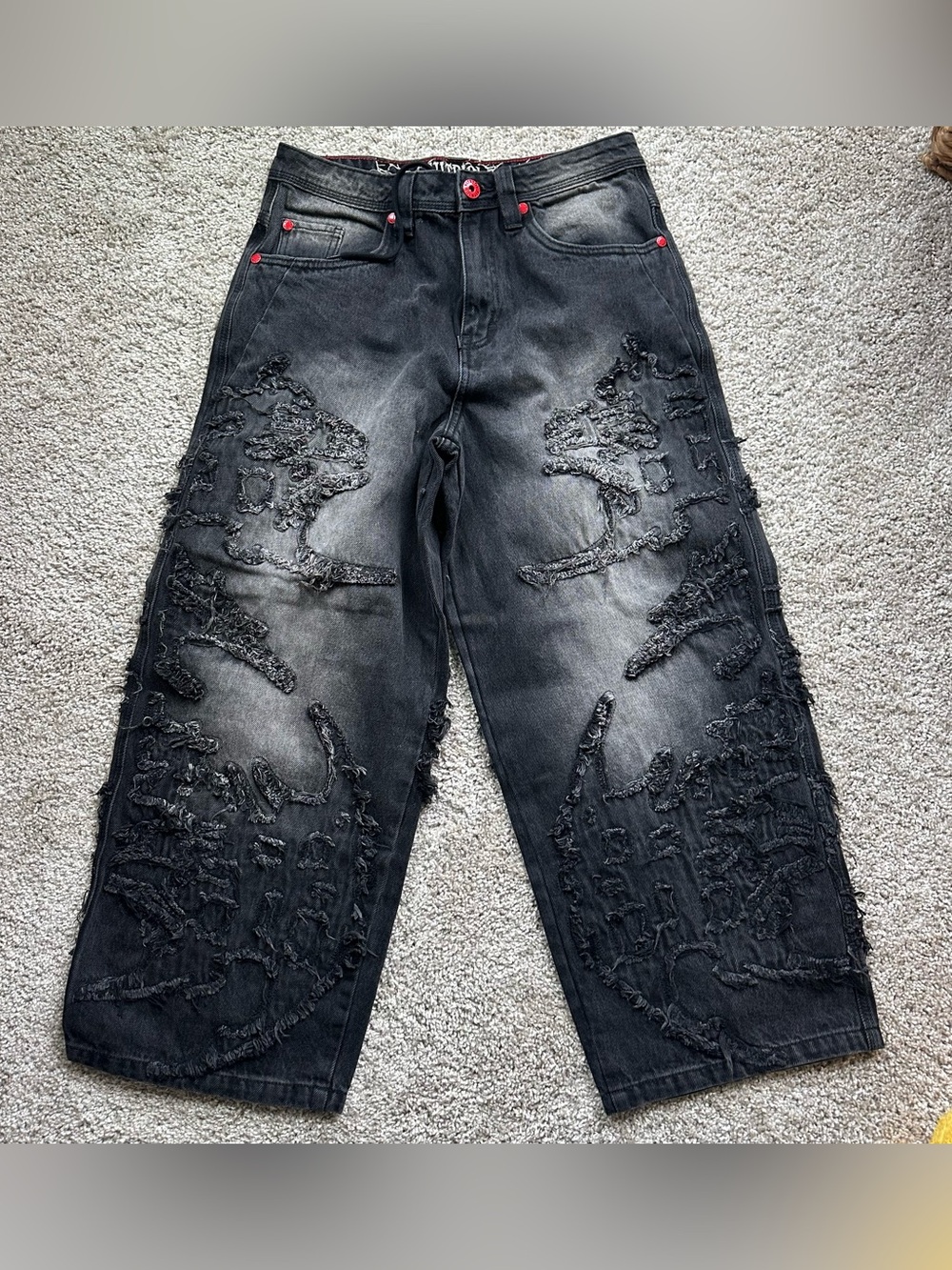 Vitriol Verona Black Applique Wide Leg Baggy Jeans 28 Goth Cyber mall goth